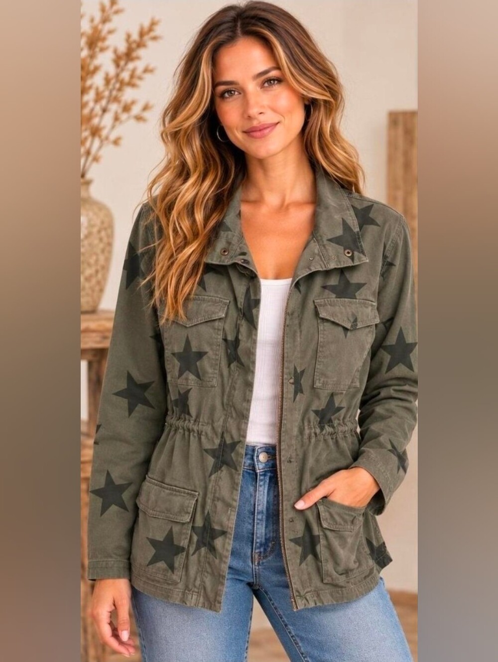 Knox Rose Olive Green Star Print Utility Jacket -SM #069